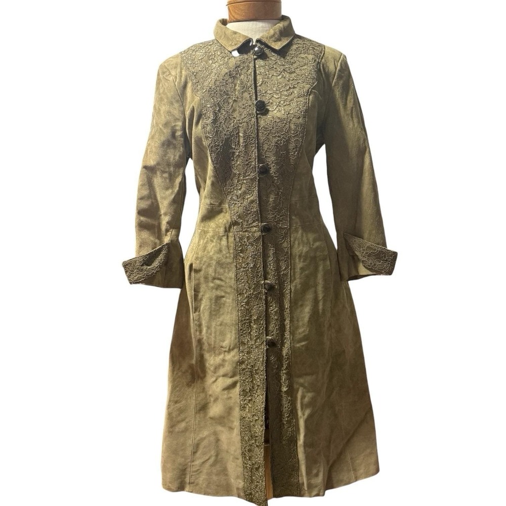 Vintage 80s Green Terry Lewis Leather & Lace Tailored SteamPunk Whimsigoth Coat‎